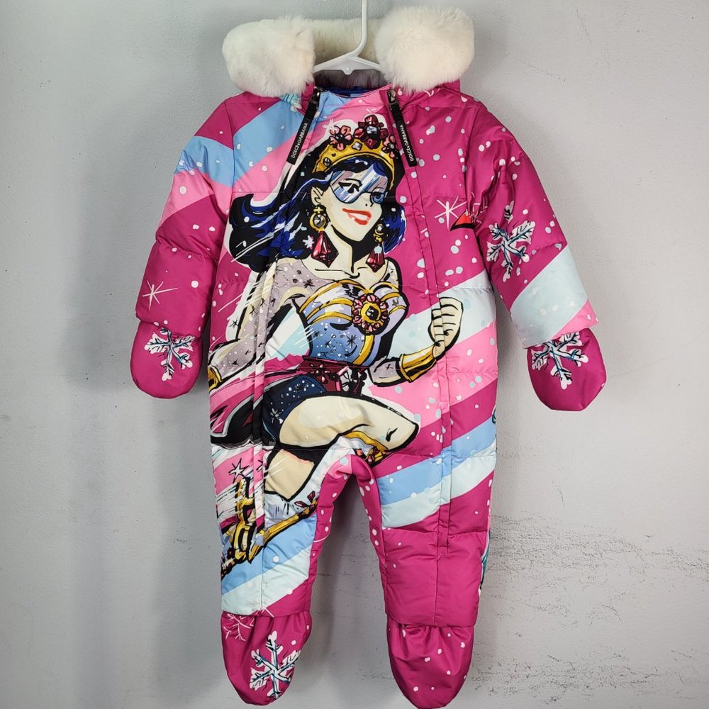 NWT~$950~DOLCE & GABBANA~6-9M~PINK DOWN SNOWSUIT HOODED REAL FUR SUPERHERO COAT